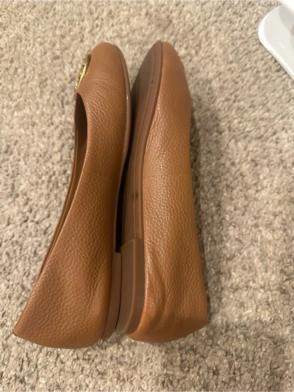 Tory Burch Tan Leather Logo Ballet Flats with Gold Emblem